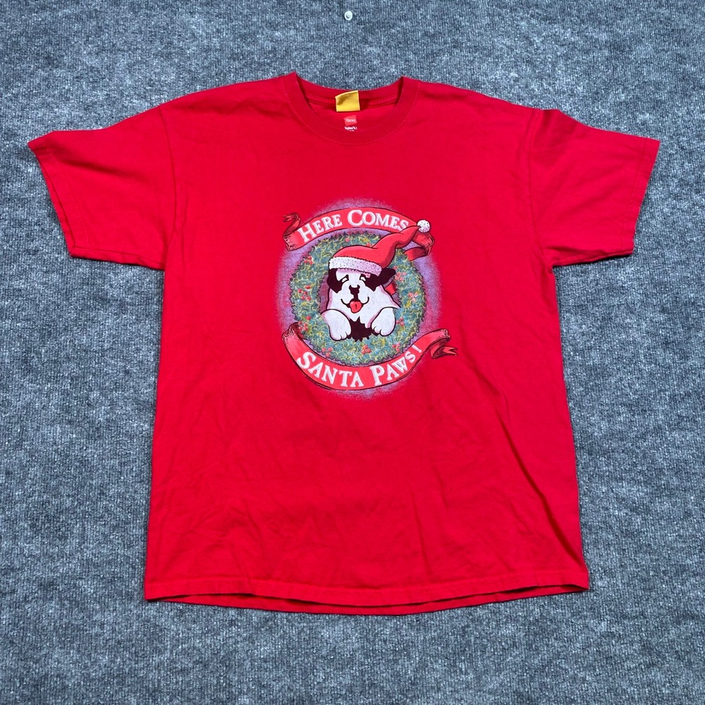 Big Dogs Mens Red Santa Paws Christmas Graphic T-Shirt Hanes Tagless Size Large